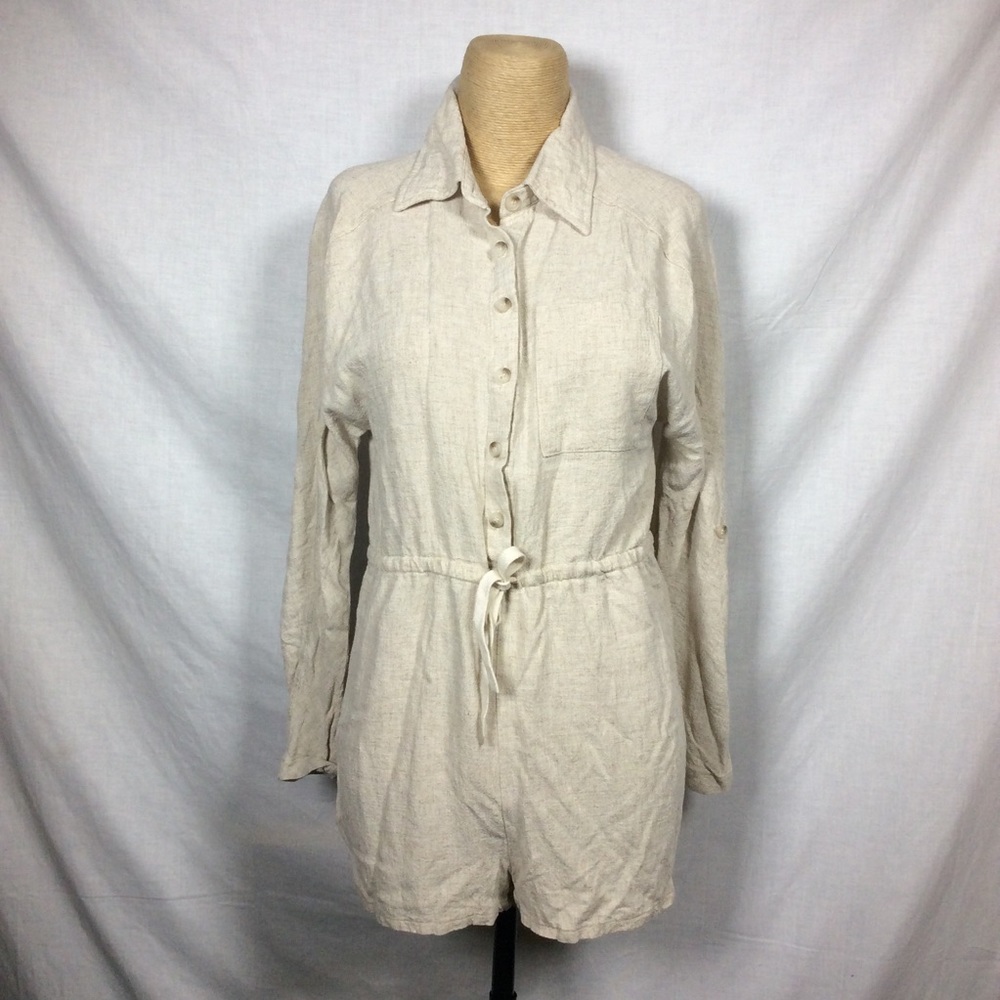 Shein Women's Tan Romper Button Up Drawstring Waist, Sz S